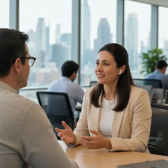 Two colleagues in conversation with TalkPilot helping one of them